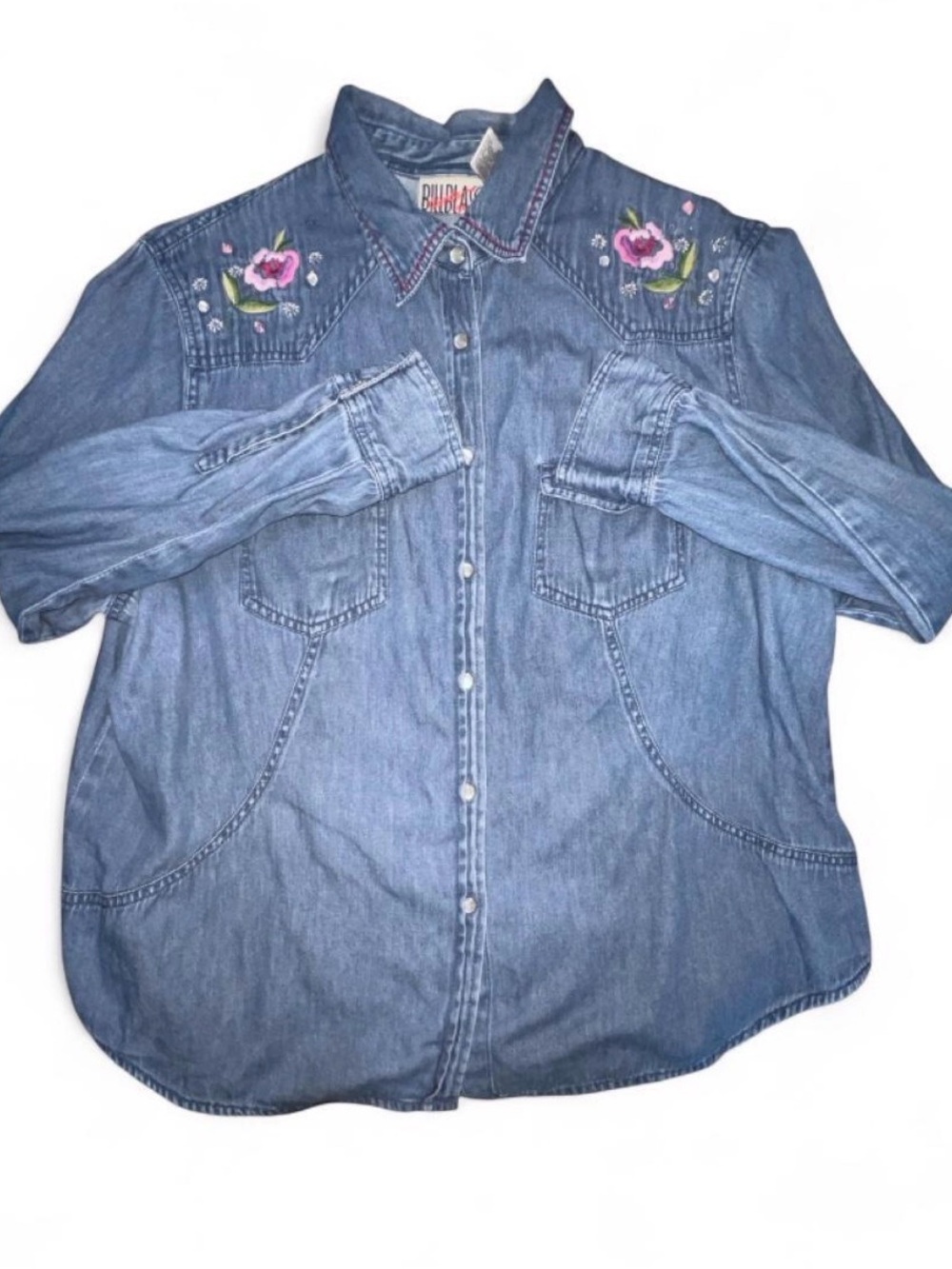 Women’s Denim Vintage Pearl Snap Embroidered Denim Shirt
